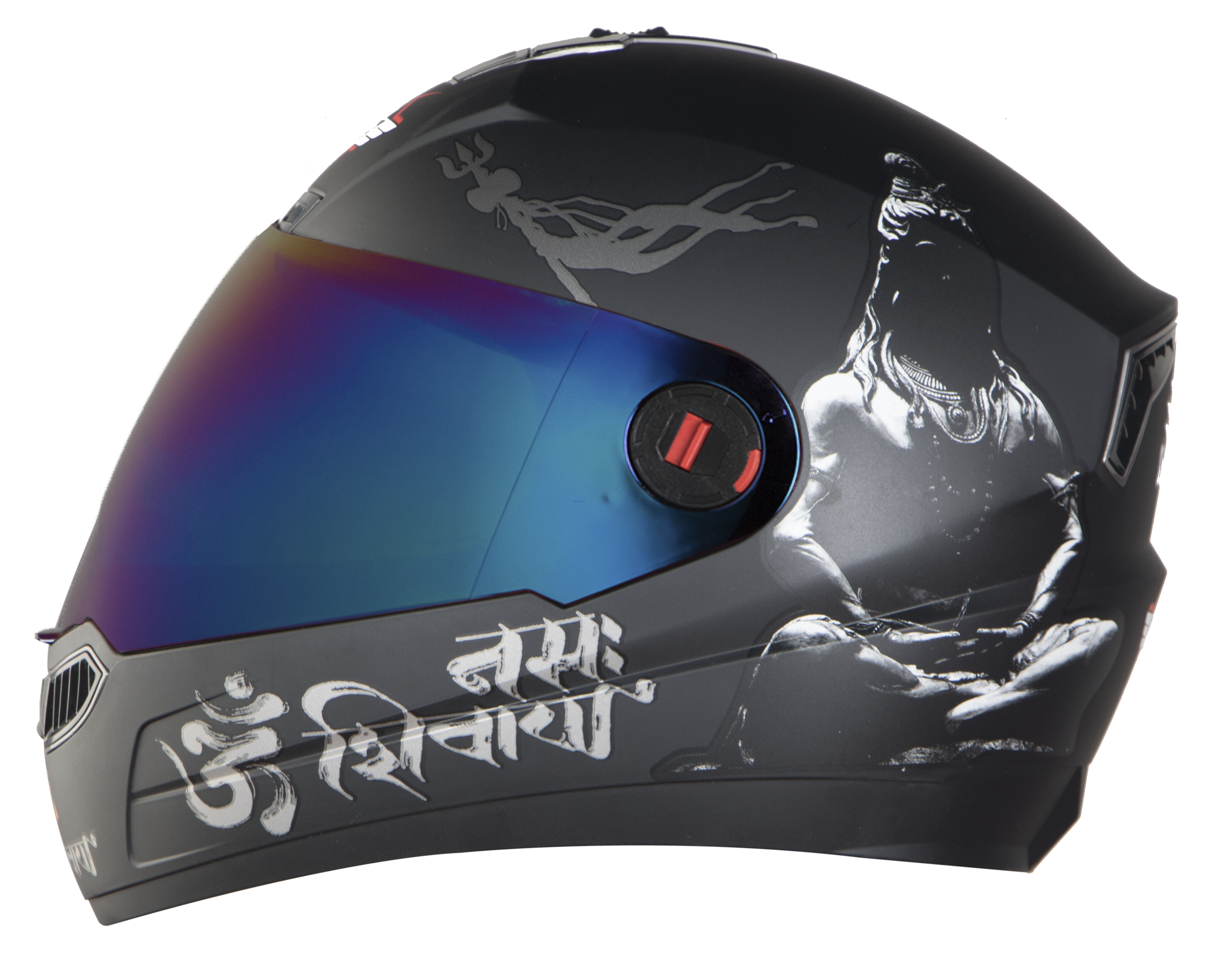 Steelbird SBA-1 Mahadev Full Face ISI Certified Graphic Helmet (Matt Black White With Chrome Rainbow Visor)